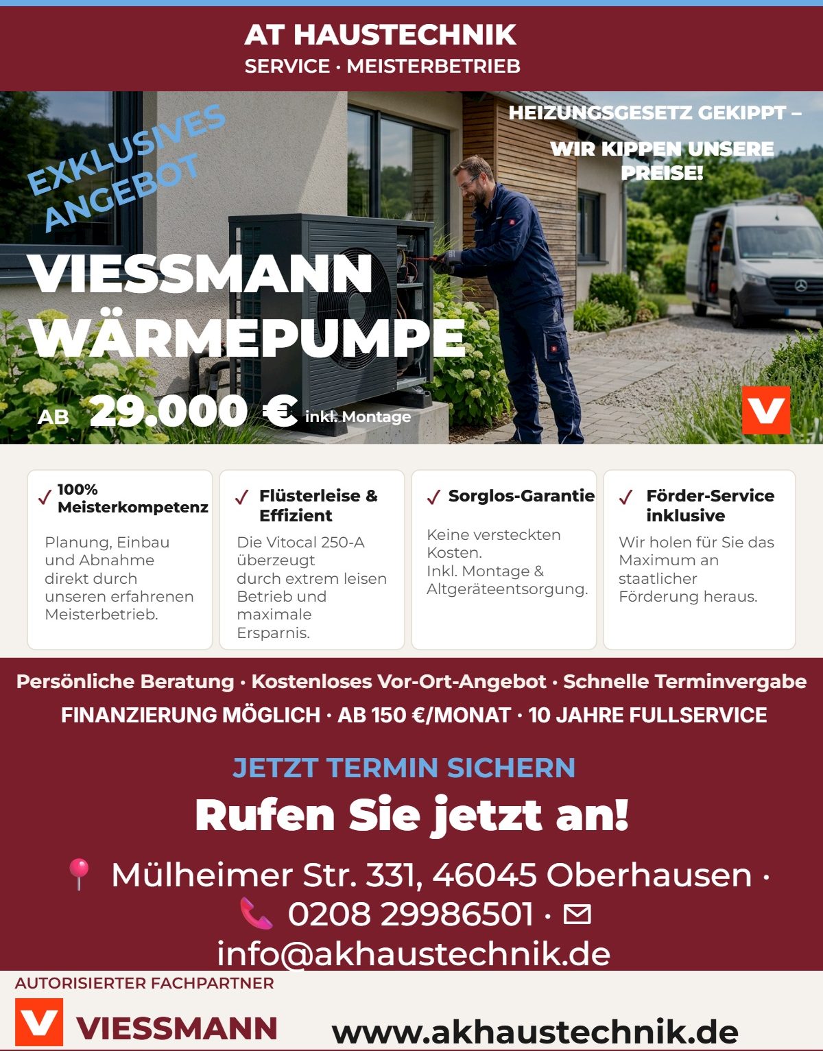 Viessmann Wärmepumpe Angebot für 29.000 €, inklusive Beratung und Montage.